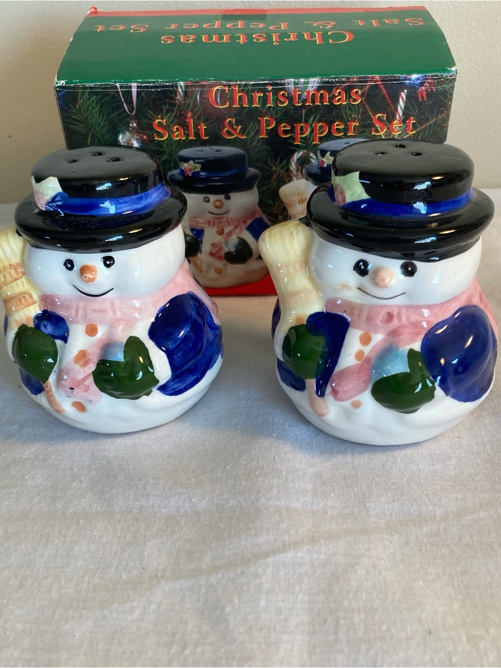 Christmas Snowman Ceramic Salt & Pepper Shaker Set - Blue, Pink, Green and White